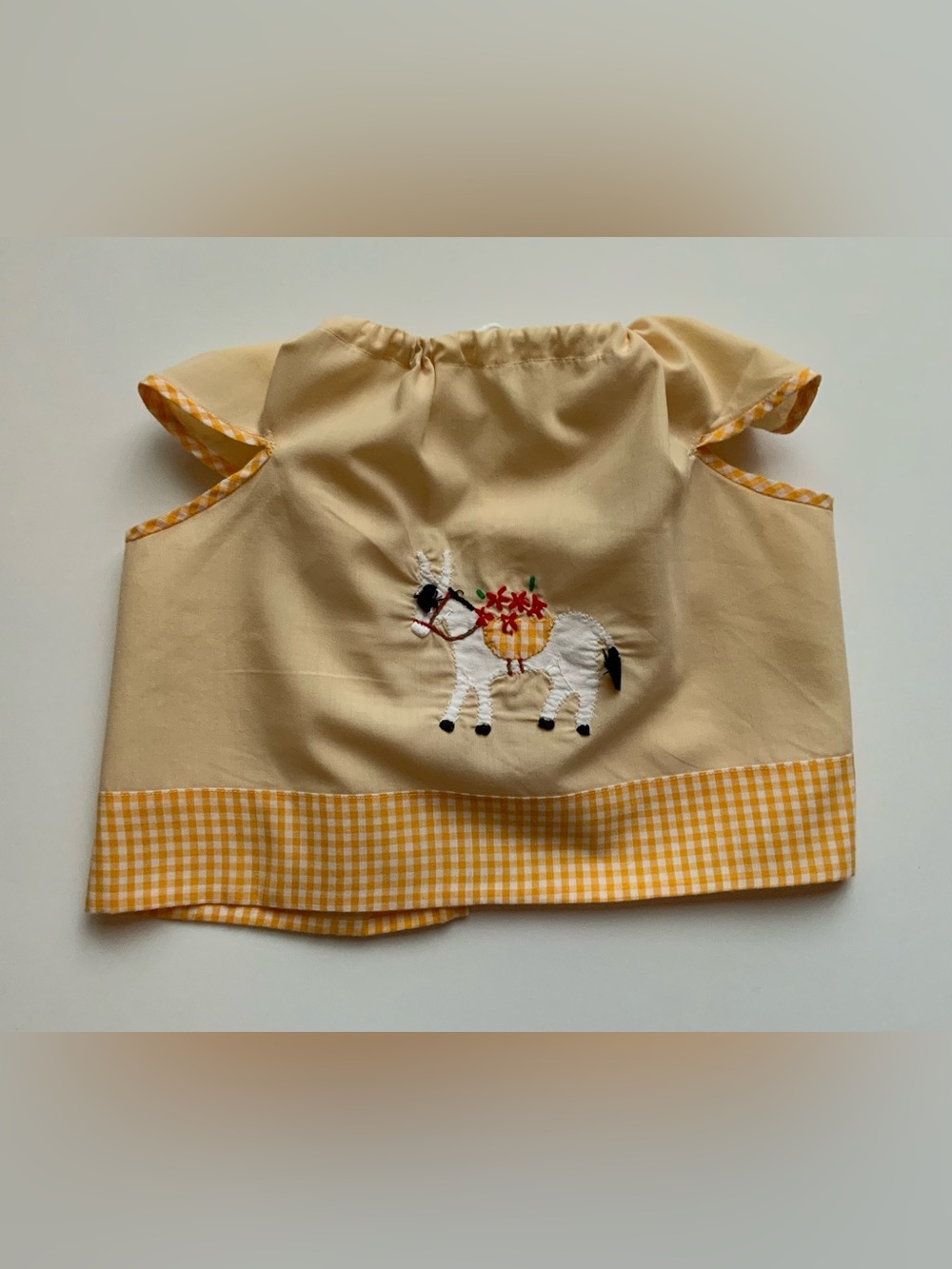 Vintage 70s Girls Peach Gingham Donkey Apron/ Smock/ Dress